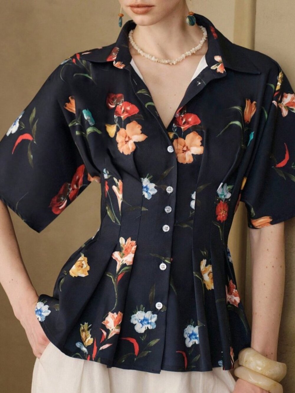 Navy Floral Print Pleated Peplum Short Sleeve Chinched Button Up Blouse